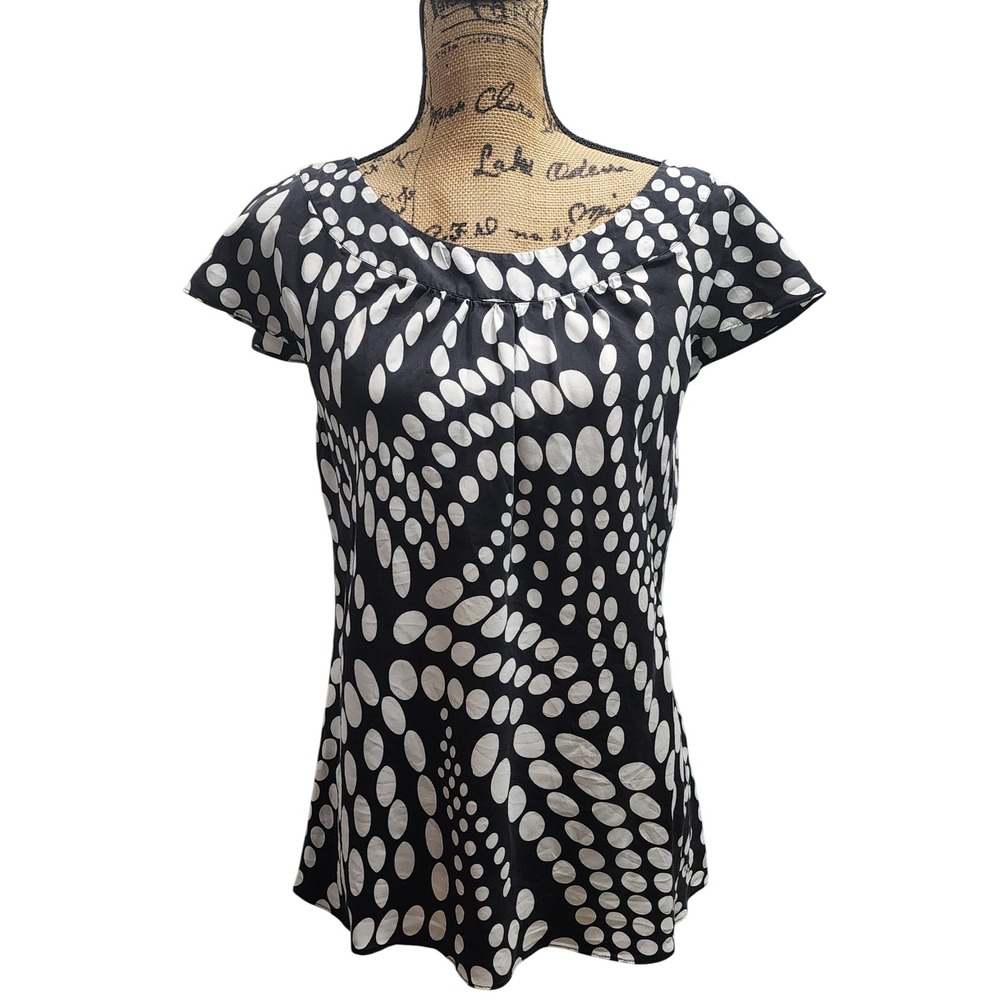 Nine West Black White Polka Dot Silk Blouse Top Women's Size‎ L